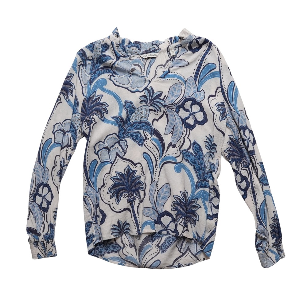 Tori Richard Tropical Blouse XS Blue Floral Cotton Rayon Boho Resort